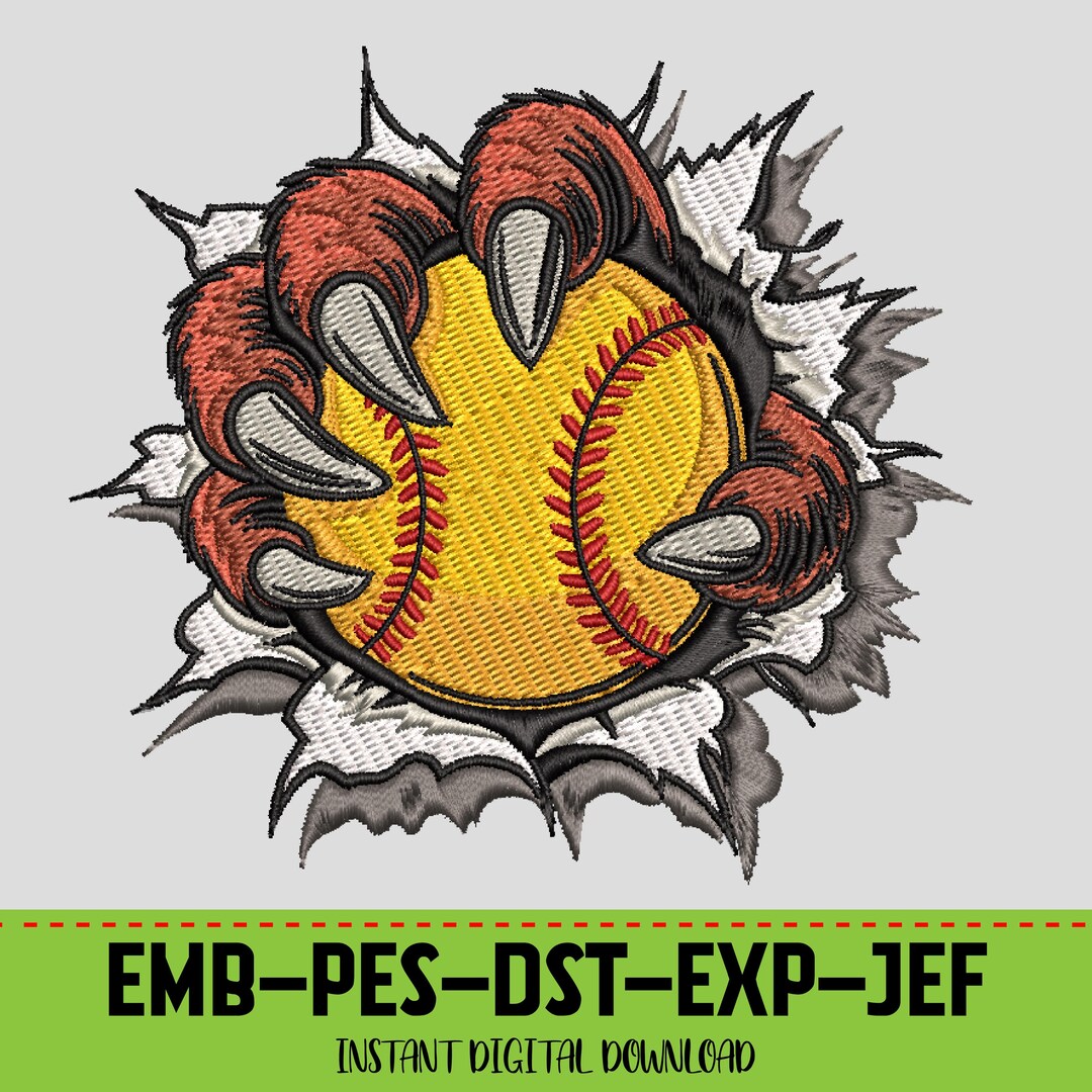 Softball Beast Claw Machine Embroidery Design, Ripped Effect Ball PES ...