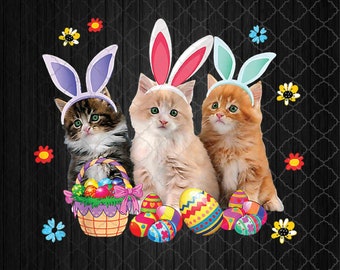 Happy Easter Three Cat Wearing Bunny Ear Kitty Cats Png, Sublimation Design