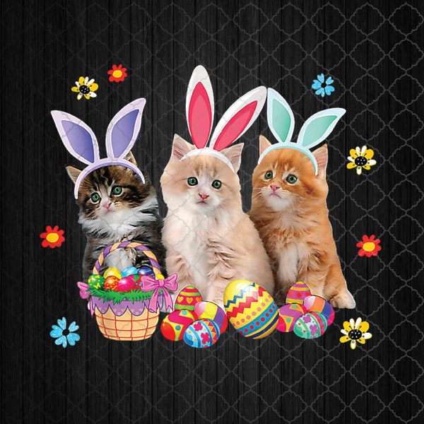 Happy Easter Three Cat Wearing Bunny Ear Kitty Cats Png, Sublimation Design