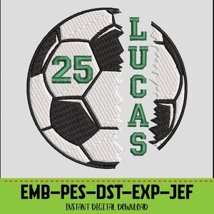 Peut inclure: Motif de ballon de football brodé avec le numéro 25 et le nom "LUCAS" en vert. Le ballon de football est noir et blanc. Le motif est pour un téléchargement numérique instantané.