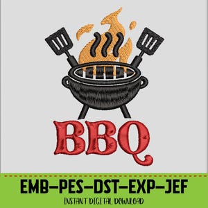 May include: A black barbecue grill with flames and two spatulas, with the red word "BBQ" below. The image also includes the text "EMB-PES-DST-EXP-JEF" and "INSTANT DIGITAL DOWNLOAD".
