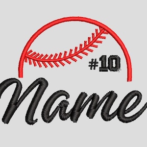 Op de afbeelding: Een honkbalthema-ontwerp met een rode honkbalsteek en het nummer 10 in zwart. Het woord "Name" is geschreven in een zwart, cursief lettertype, perfect voor gepersonaliseerde kleding of accessoires.