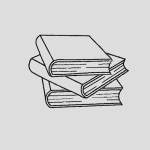 May include: A black and white line drawing of three books stacked on top of each other. The books have a rectangular shape with visible pages and a curved spine. The background is a solid light gray.