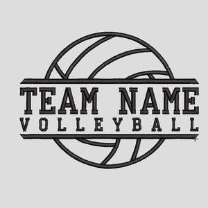 May include: Black embroidered volleyball design with the words "TEAM NAME VOLLEYBALL" in a bold, block font. The volleyball graphic is a detailed outline, and the text is centered within a rectangular frame.