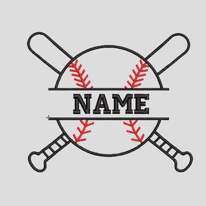 May include: A baseball design with crossed bats, a baseball, and the word "NAME" in bold, black letters. The baseball has red stitching details. The bats and baseball outline are black.