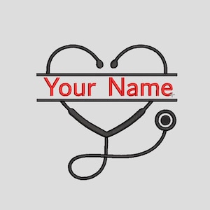 May include: A black stethoscope design in the shape of a heart, with the words "Your Name" in red. The design is on a light gray background. The stethoscope is a medical tool used to listen to the sounds of the body.