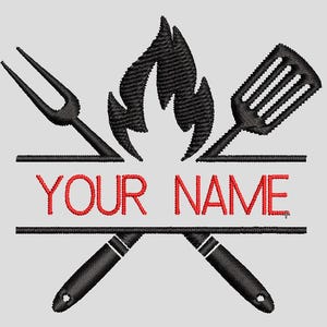 May include: Embroidered design featuring a flame, grilling tools, and the text "YOUR NAME" in red. The design includes a fork, spatula, and crossed knives, all in black, perfect for personalized grilling accessories.