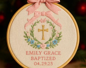 Personalized Baptism Gift Christening Day Keepsake Cross Embroidery Hoop, Wall Decor Godchild Gift, Floral Wreath Pink Bow