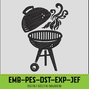 May include: Black line art illustration of a charcoal grill with the lid open and smoke rising. The grill has a round body, a handle, and three legs. The text "EMB-PES-DST-EXP-JEF" and "INSTANT DIGITAL DOWNLOAD" is at the bottom.