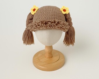 Perruque-chapeau Crochet Pour Enfant Avec Tresses Et Nœuds Violets - Style Patch Chou CPK