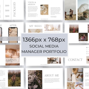 May include: A social media manager portfolio template with a light gray background and white text. The template includes sections for services, packages, vision and mission, goals, my skills, clients, about the brand, my contribution, about me, contact, and story design. The template also includes images of nature and people.