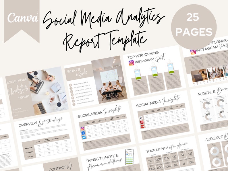 May include: A beige and white social media analytics report template with 25 pages. The template includes sections for overview, social media insights, audience breakdown, top performing Instagram posts, and things to note and recommendations. The template is designed to help businesses track and analyze their social media performance.