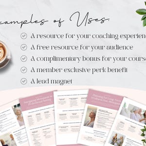 May include: Image features a cup of coffee with latte art and several printed documents. The documents have text and images, with titles like "Planning for Long-Term Wellness Post-Menopause." Text includes "Examples of Uses" and bullet points.