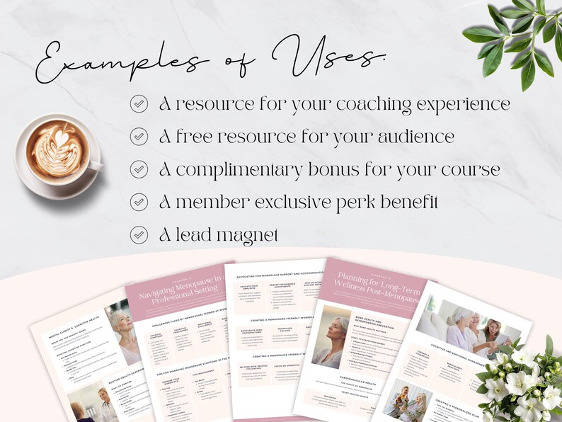 May include: Image features a cup of coffee with latte art and several printed documents. The documents have text and images, with titles like "Planning for Long-Term Wellness Post-Menopause." Text includes "Examples of Uses" and bullet points.