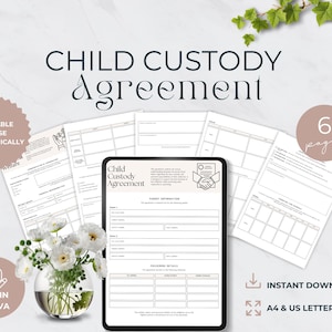May include: A digital Child Custody Agreement template with the text "Child Custody Agreement" displayed on a tablet and printed pages. The image includes the text "Printable or use electronically", "Edit in Canva", and "Instant Download".