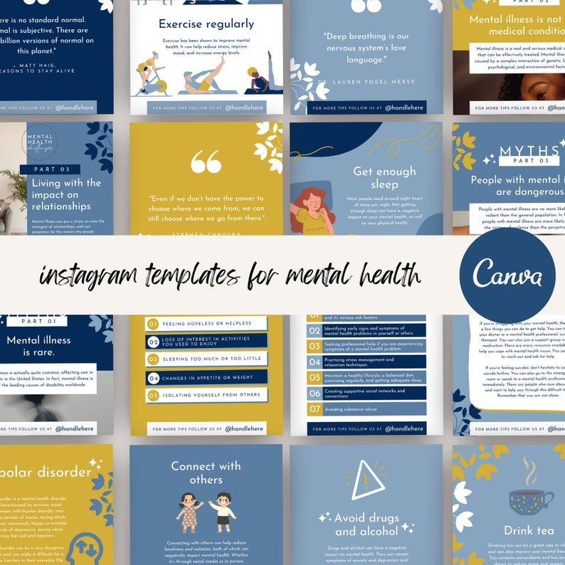 Mental Health Instagram Canva Bundle, Instagram Templates Canva Navy ...