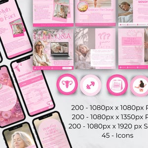 May include: A collection of pink and white social media graphics for a menopause support business. The graphics include text such as "Myth Fact", "Live Q&A", "Embrace the Change", "??? from FACTS!" and "Brain Fog Coping Strategies". There are also 45 icons, including a uterus, a dumbbell, a calendar, and a woman in a yoga pose.