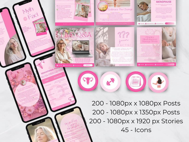 May include: A collection of pink and white social media graphics for a menopause support business. The graphics include text such as "Myth Fact", "Live Q&A", "Embrace the Change", "??? from FACTS!" and "Brain Fog Coping Strategies". There are also 45 icons, including a uterus, a dumbbell, a calendar, and a woman in a yoga pose.