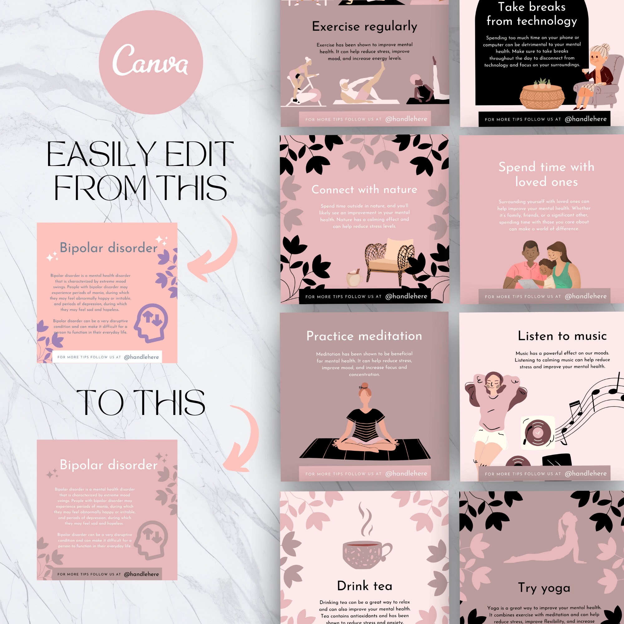 Mental Health Instagram Canva Bundle, Pastel, Templates for Canva, Grey ...
