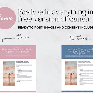 May include: Image showcasing a Canva template for editing. The text reads "Easily edit everything in the free version of Canva." It includes examples of a document before and after editing, with the text "Hormone Therapy and Medical Options for Menopause."