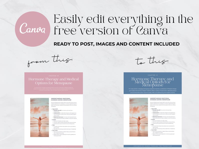 May include: Image showcasing a Canva template for editing. The text reads "Easily edit everything in the free version of Canva." It includes examples of a document before and after editing, with the text "Hormone Therapy and Medical Options for Menopause."