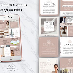 May include: A rose gold smartphone displays a series of Instagram posts with a legal theme. The posts feature text and images related to law, including "Legal Lingo," "World Intellectual Property Day," and "FAQ." The posts are in a soft, neutral color palette.
