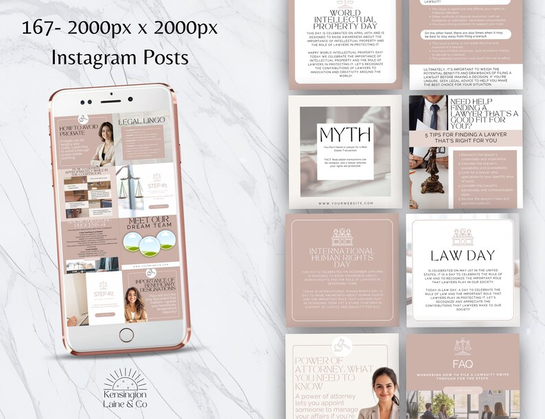 May include: A rose gold smartphone displays a series of Instagram posts with a legal theme. The posts feature text and images related to law, including "Legal Lingo," "World Intellectual Property Day," and "FAQ." The posts are in a soft, neutral color palette.