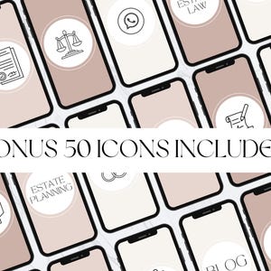 May include: A collection of smartphones with a beige background, each displaying a different icon within a white circle. Icons include a scale, a document, and a WhatsApp logo. The text "BONUS 50 ICONS INCLUDED" is displayed in a bold font.