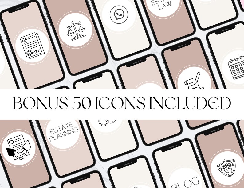 May include: A collection of smartphones with a beige background, each displaying a different icon within a white circle. Icons include a scale, a document, and a WhatsApp logo. The text "BONUS 50 ICONS INCLUDED" is displayed in a bold font.