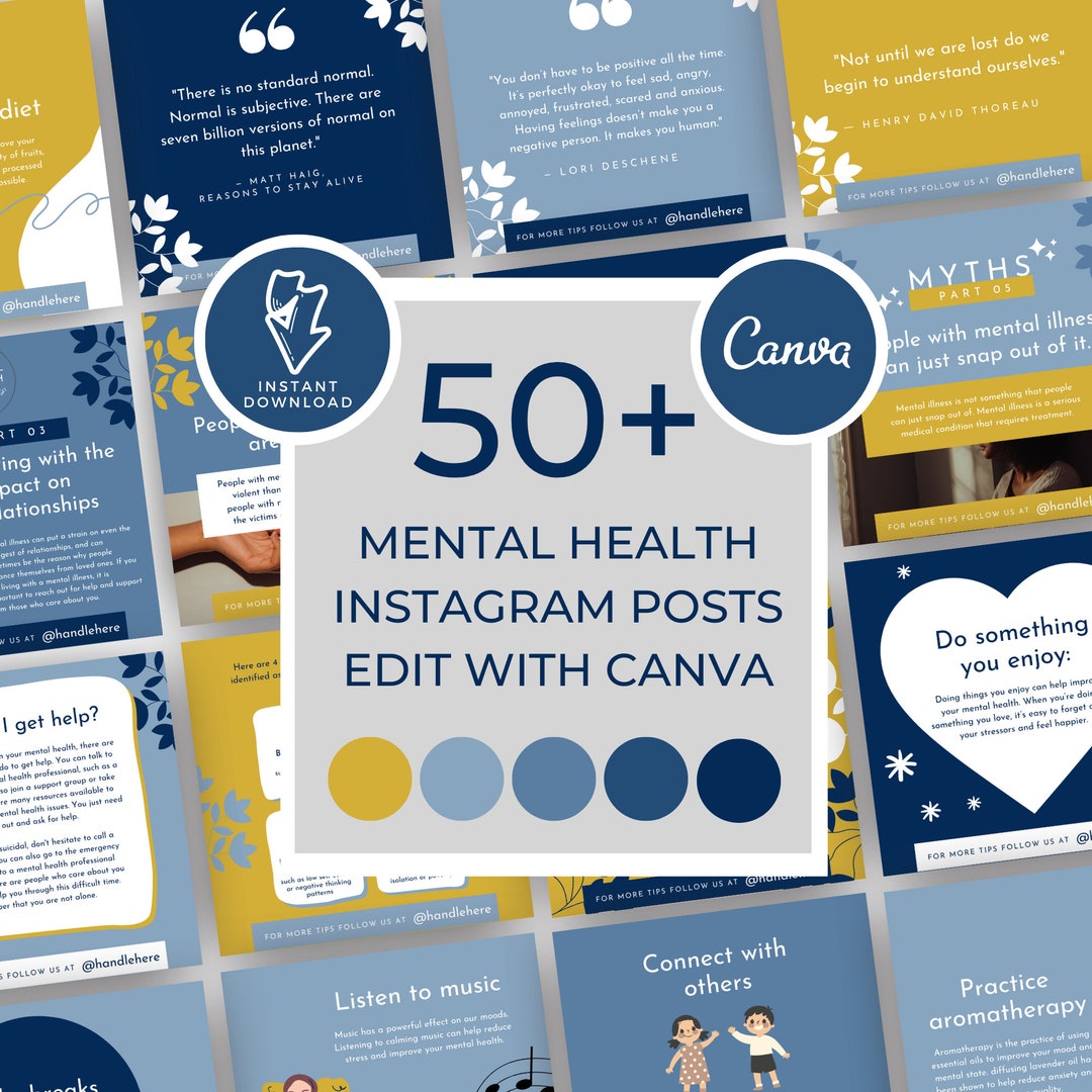 Mental Health Instagram Canva Bundle, Instagram Templates Canva Navy ...