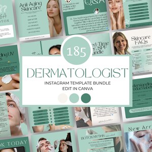 Peut inclure: Un ensemble de 185 modèles Instagram pour les dermatologues. Les modèles sont conçus dans un schéma de couleurs vert et blanc et présentent des images de personnes ayant différents types de peau. Le texte sur les modèles comprend des phrases comme "Soins anti-âge", "Comprendre les rayons UV", "FAQ sur les soins de la peau" et "Mythes sur le Botox".