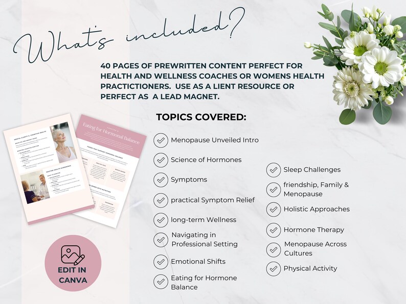 May include: A digital product advertisement with the text "What's included?" and "40 pages of prewritten content perfect for health and wellness coaches." The topics covered include menopause, hormones, and wellness. A bouquet of white flowers is in the upper right corner.