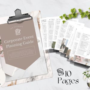 May include: A clipboard holds a guide titled "Corporate Event Planning Guide." The guide is on a marble-patterned surface, with additional pages fanned out. The image includes text that says "Edit in Canva" and "10 Pages."