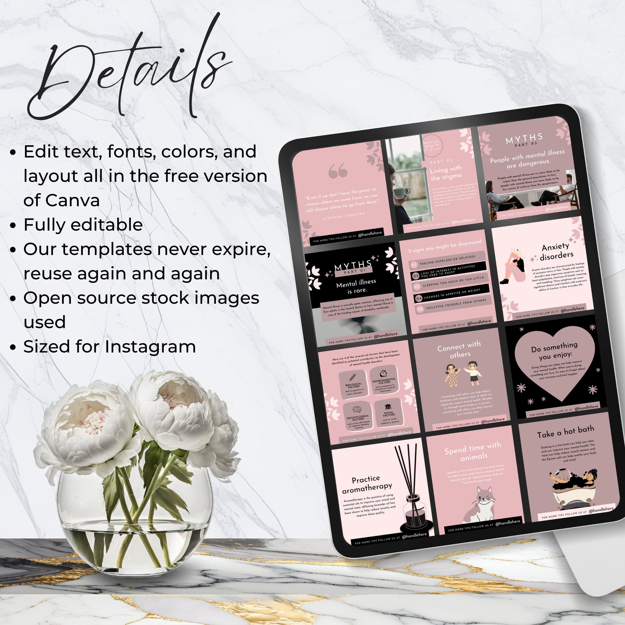 Mental Health Instagram Canva Bundle, Pastel, Templates for Canva, Grey ...