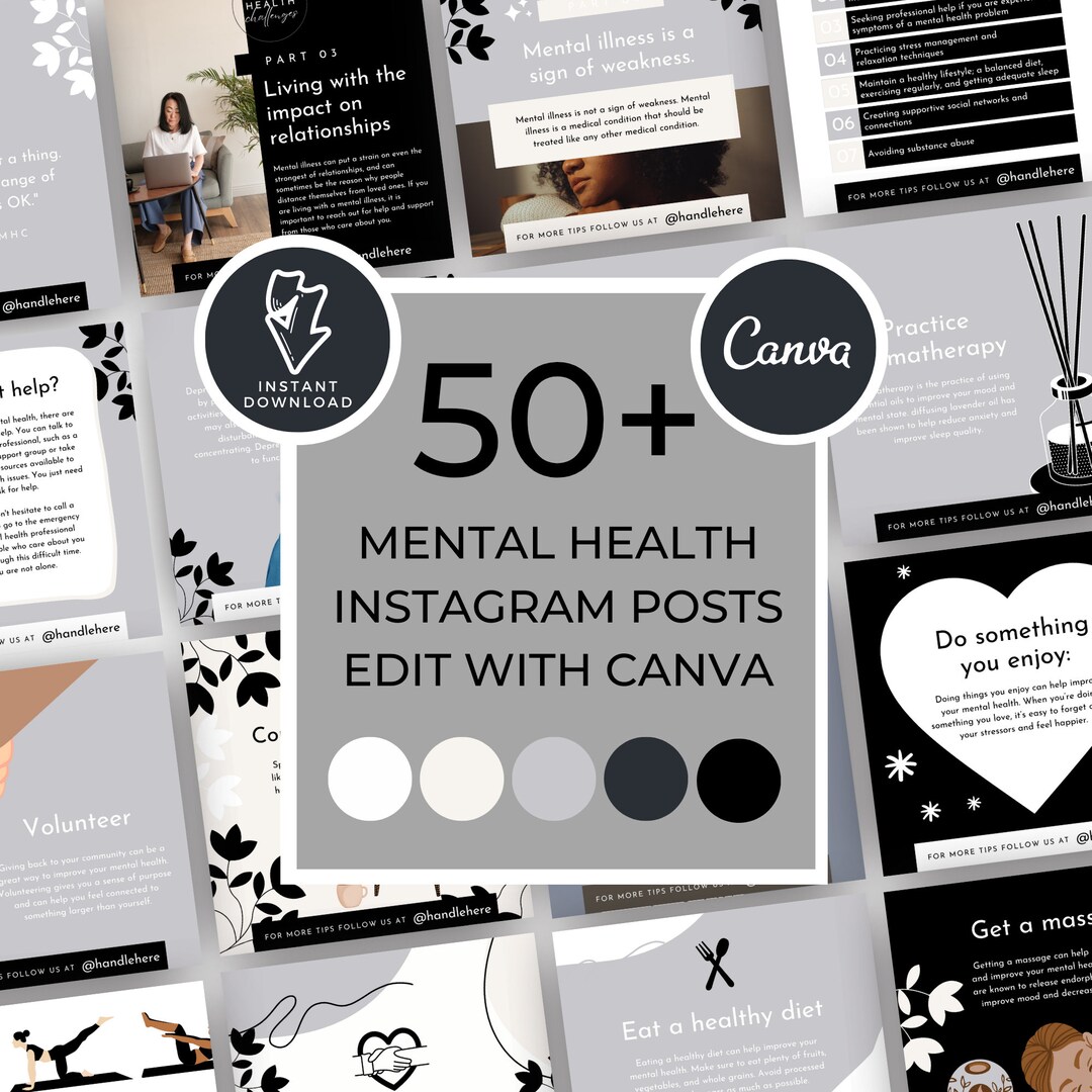 Mental Health Instagram Canva Bundle, Minimalist, Templates for Canva ...