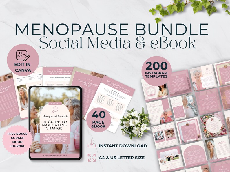 May include: A digital bundle for menopause support, including social media templates and an eBook. The image features a tablet displaying the eBook cover, along with printed pages and Instagram templates. The bundle includes a 44-page mood journal.