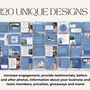 May include: A collage of 120 unique social media post designs for real estate agents. The designs feature a blue and white color scheme and include images of houses, people, and text.