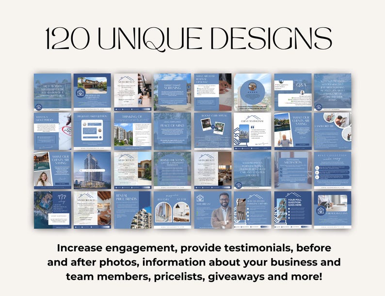 May include: A collage of 120 unique social media post designs for real estate agents. The designs feature a blue and white color scheme and include images of houses, people, and text.