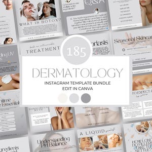 May include: A collection of 185 Instagram templates for dermatology. The templates feature a gray and white color scheme with images of people receiving skincare treatments. The text on the templates includes topics such as Botox, UV rays, skincare essentials, and seasonal skincare.
