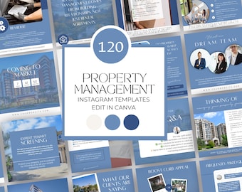 May include: A collage of 120 Instagram templates for property management businesses. The templates feature a blue and white color scheme with text such as "Coming to Market", "Expert Tenant Screening", "Dream Team", "Thinking of", "Boost Curb Appeal", and "Frequently Asked Questions".