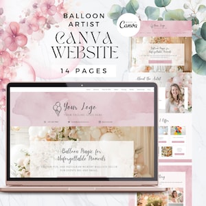 May include: A laptop displays a website design for a balloon artist. The website features a pink and white color scheme with text that reads "Balloon Magic for Unforgettable Moments." The design includes a logo and the text "CANVA WEBSITE 14 PAGES."