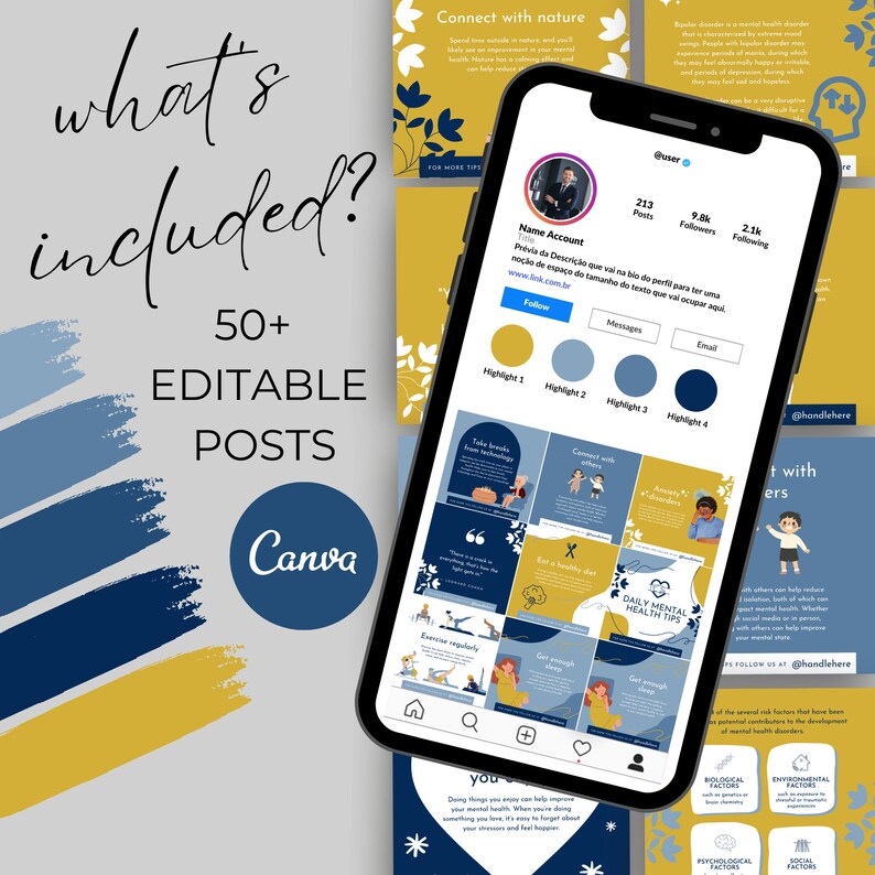 Mental Health Instagram Canva Bundle, Instagram Templates Canva Navy ...