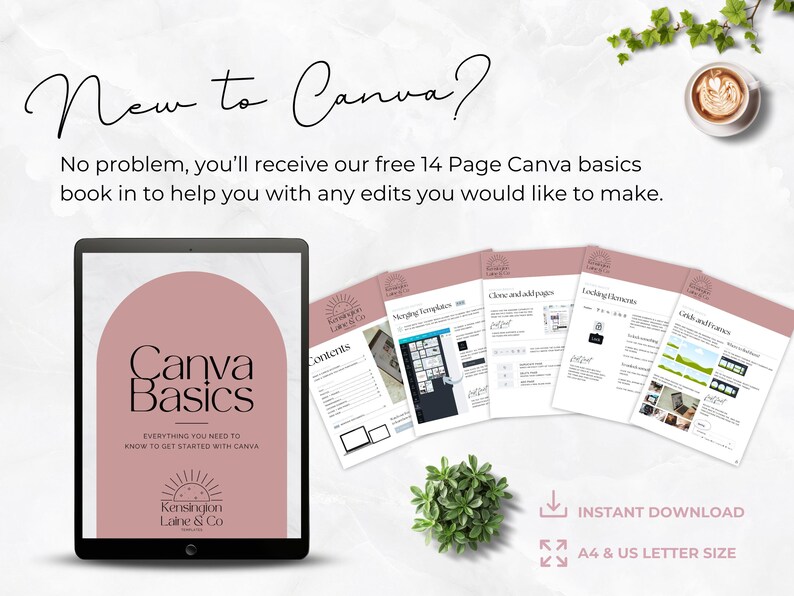 May include: A digital download of a 14-page Canva basics guide with a pink and white color scheme. The guide includes information on merging templates, cloning and adding pages, adding elements, and grids and frames. The guide is available in A4 and US Letter sizes.