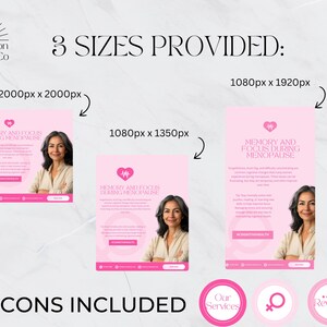 May include: Three different sizes of a pink and white digital marketing graphic for a business called Kensington Laine & Co. The graphic features a pink heart with a heartbeat symbol and the text "Memory and Focus During Menopause". The graphic also includes a photo of a woman with brown hair and a pink background. The text "45 Icons Included" is at the bottom of the graphic.