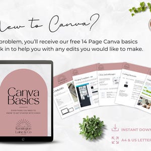 May include: A digital product advertisement featuring a tablet displaying a "Canva Basics" guide. Accompanying the tablet are several printed pages and the text "New to Canva?" and "Instant Download". The design uses a soft pink and white color scheme.