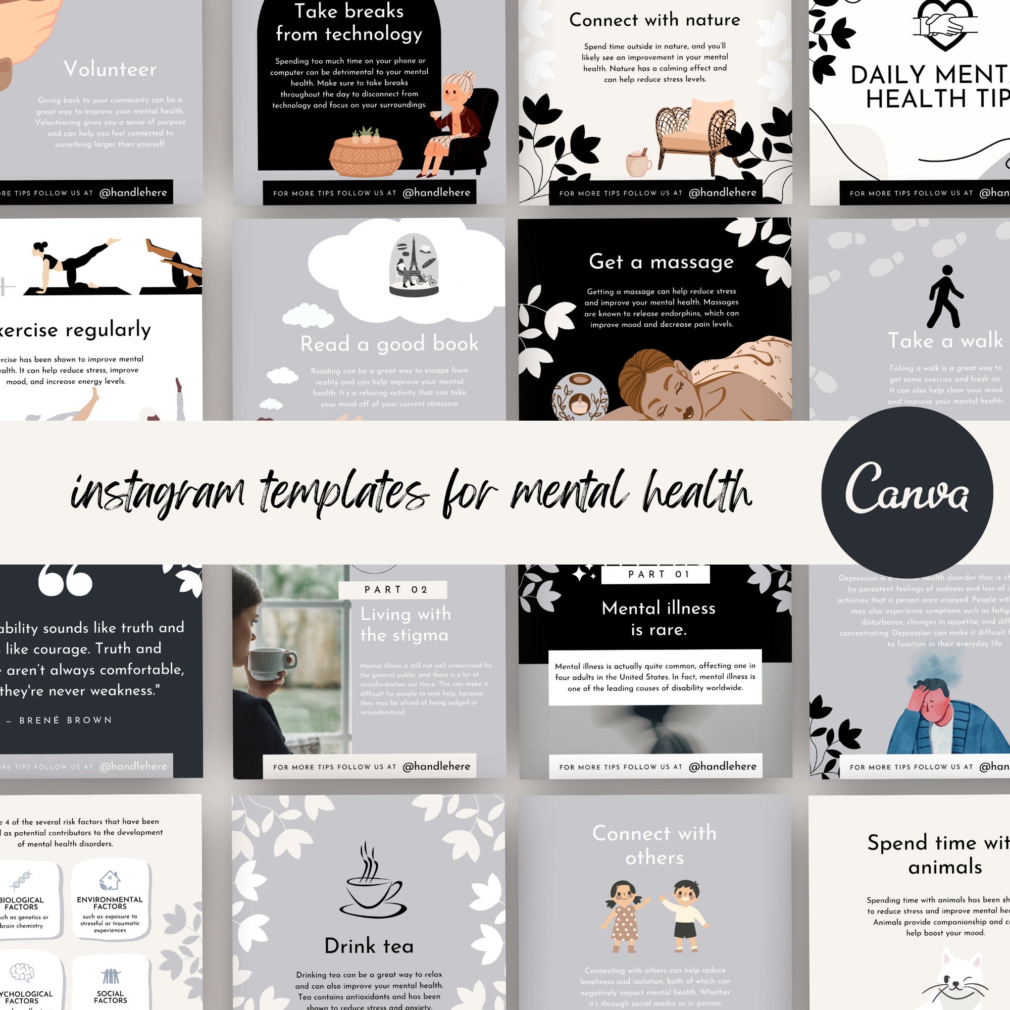 Mental Health Instagram Canva Bundle, Minimalist, Templates for Canva ...