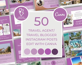 Travel Agent Instagram Posts, Purple, Minimalist, Modern, Luxury, Travel Agent Instagram Template, Travel Blogger, Influencer, Canva, KL15