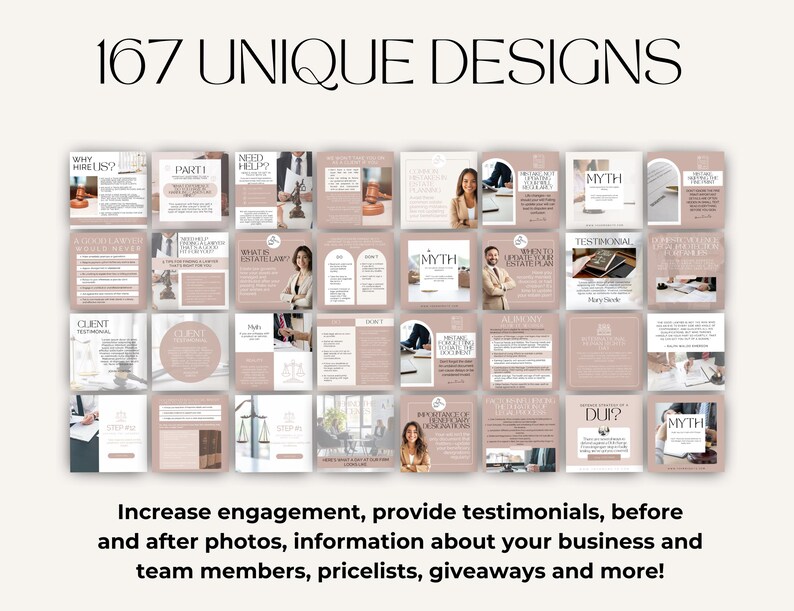 May include: An image with the text "167 UNIQUE DESIGNS" at the top. Below are multiple square images with text and images. The bottom of the image reads "Increase engagement, provide testimonials, before and after photos, information about your business and team members, pricelists, giveaways and more!"