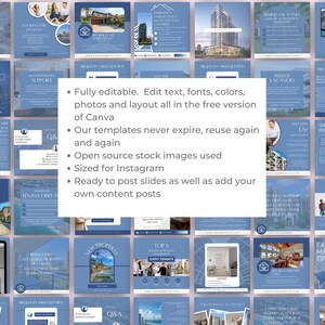 May include: A collection of 36 Instagram post templates for real estate agents. The templates are blue and white with images of houses, buildings, and people. The text on the templates includes phrases like "Giveaway", "Market Trends", "Tenant Dispute", "Reduce Vacancies", "New Blog", "Property Inspections", "Shifting Preferences", and "Fall Maintenance Tips".
