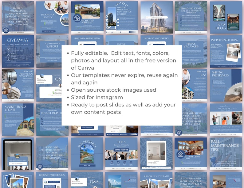 May include: A collection of 36 Instagram post templates for real estate agents. The templates are blue and white with images of houses, buildings, and people. The text on the templates includes phrases like "Giveaway", "Market Trends", "Tenant Dispute", "Reduce Vacancies", "New Blog", "Property Inspections", "Shifting Preferences", and "Fall Maintenance Tips".